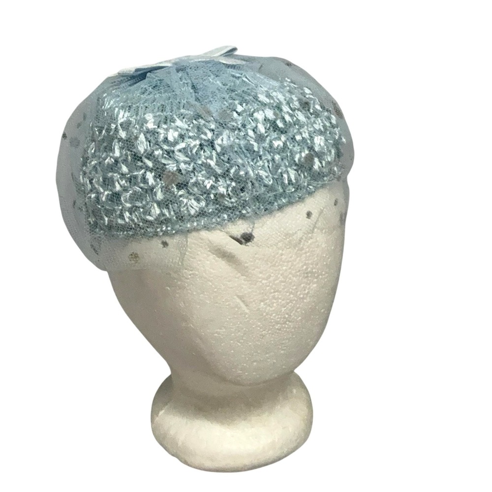 Vintage Fascinator Headpiece Womens One Size Blue Mesh Bow Veil Polka Dot